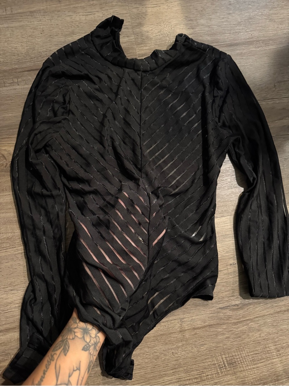 Black Sheer Striped Long-Sleeve bodysuit